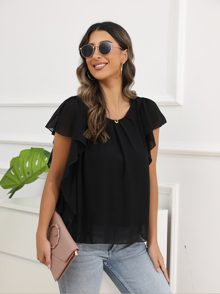Solid Color Round Neck Short Sleeve Loose Chiffon Blouse