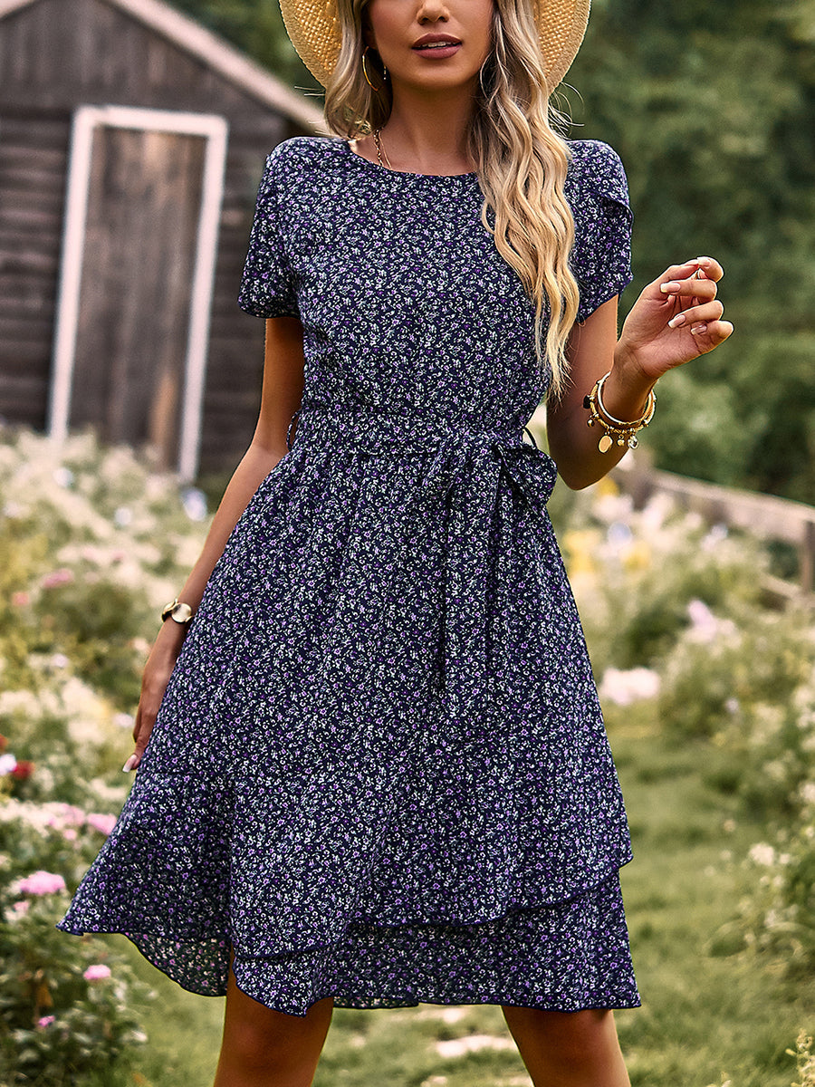 Temperament Floral Casual Strap Waist Round Neck Mini Dress