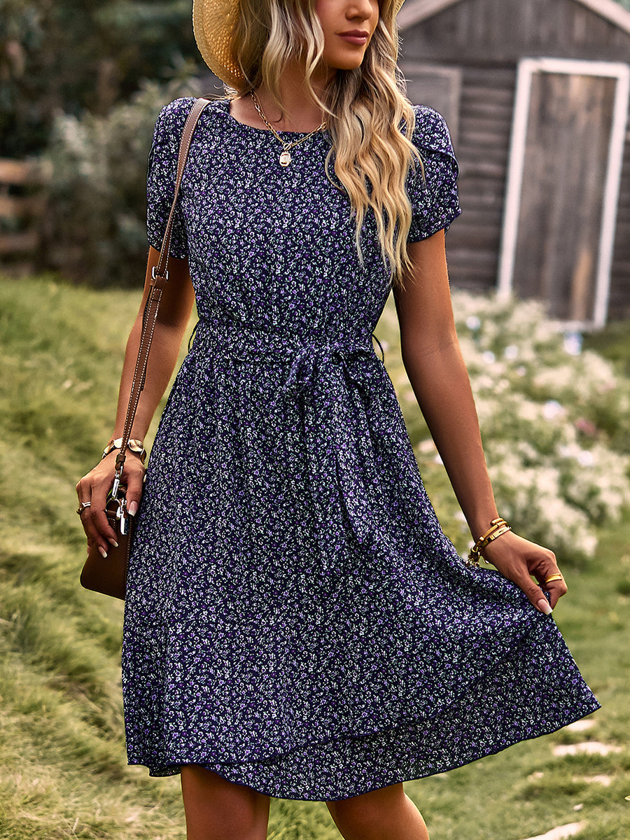 Temperament Floral Casual Strap Waist Round Neck Mini Dress