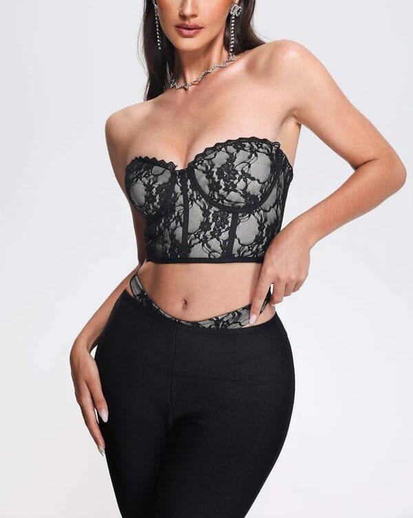 LACE CUTOUT FLARE TWO PIECE SET IN BLACK