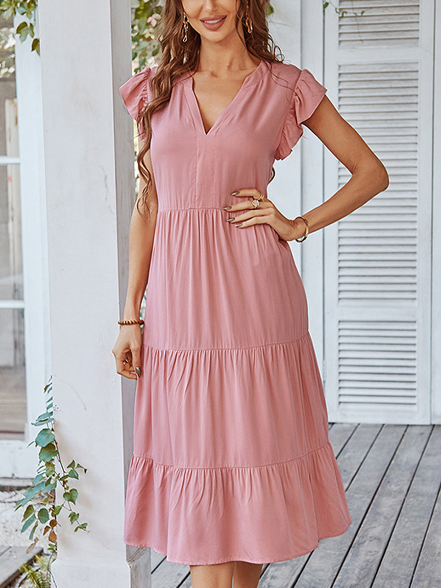 V Neck Sexy Solid Color Casual Fly Sleeve Midi Dress