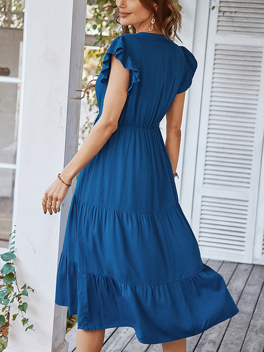 V Neck Sexy Solid Color Casual Fly Sleeve Midi Dress