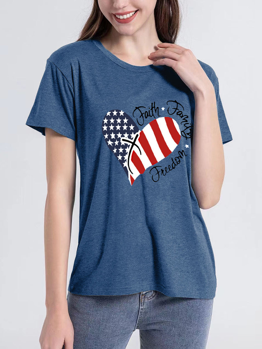 Heart Flag Print Letter Short Sleeve T-Shirt