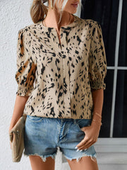 Print Loose Ruffle Sleeve Round Neck Blouse