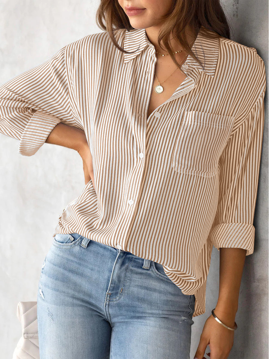 Striped Button Down Roll-up Long Sleeves Point Collar Blouse