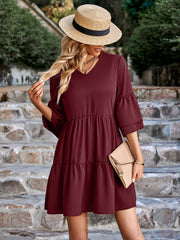 V-Neck Solid Color Loose Fashion Mini Dress