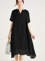 Size Curve Dresses Large Size V-Neck Short Sleeve Silk Loose Midi Dress