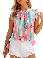 Loose Printed Chiffon Round Neck Sleeveless T-Shirt