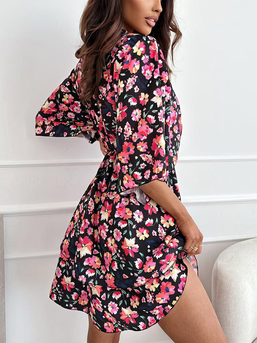 Casual Floral Deep V Waist Short Sleeve Mini Dress