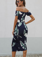 Printed Off-Shoulder Split Midi Dress