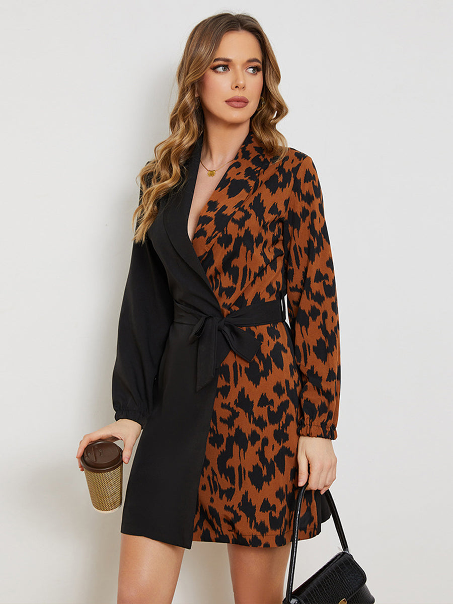 Leopard Print Long Sleeve Waist Stitching Elegant Mini Dress