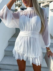 Solid Color Chiffon Waist Shirred Mini Dress