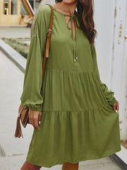 High Waist Loose V Neck Solid Color Stitching Midi Dress