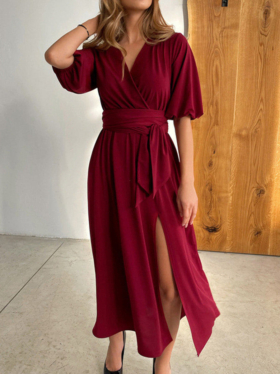 Solid Color V-Neck Lantern Midi Dress