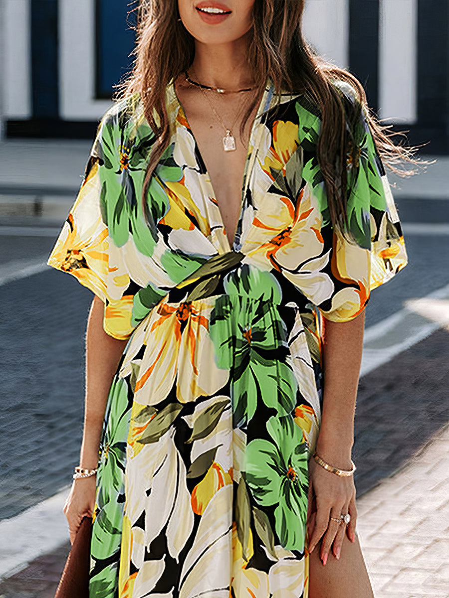 Sexy Commuter V Neck Fashion Printing Slit Midi Dress