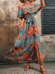 Fashion Print Sexy Slit High Waist Maxi Dress
