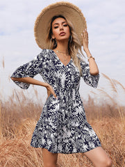 Vintage Print Bell Sleeve V Neck Mini Dress