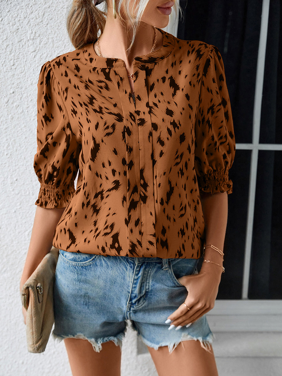 Print Loose Ruffle Sleeve Round Neck Blouse