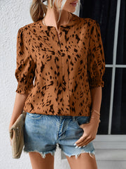 Print Loose Ruffle Sleeve Round Neck Blouse