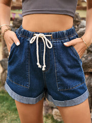 Drawstring High Waist Denim Pockets Shorts