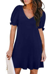 Round Neck Flounce Sleeve Pockets Mini Dress