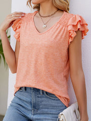 Smocked Flutter Sleeve V-Neck T-Shirt