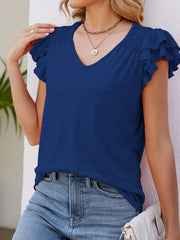 Smocked Flutter Sleeve V-Neck T-Shirt