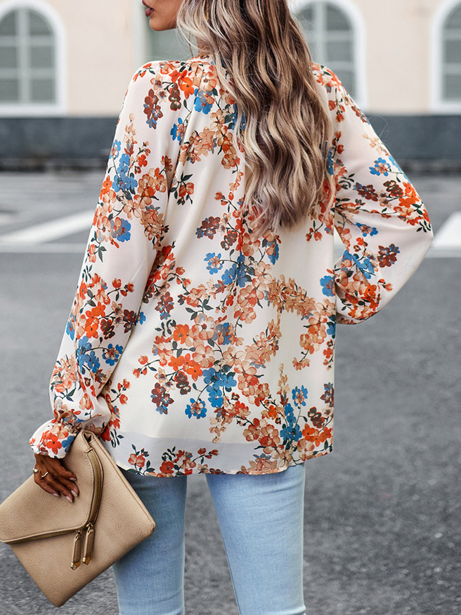 Commuting Elegant Printed Button V Neck Long Sleeved Blouse