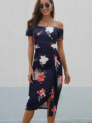 Printed Off-Shoulder Split Midi Dress