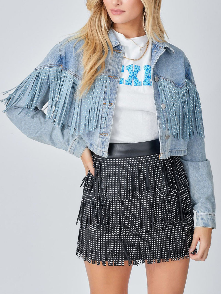 Stylish Lapel Fringed Cropped Denim Coat