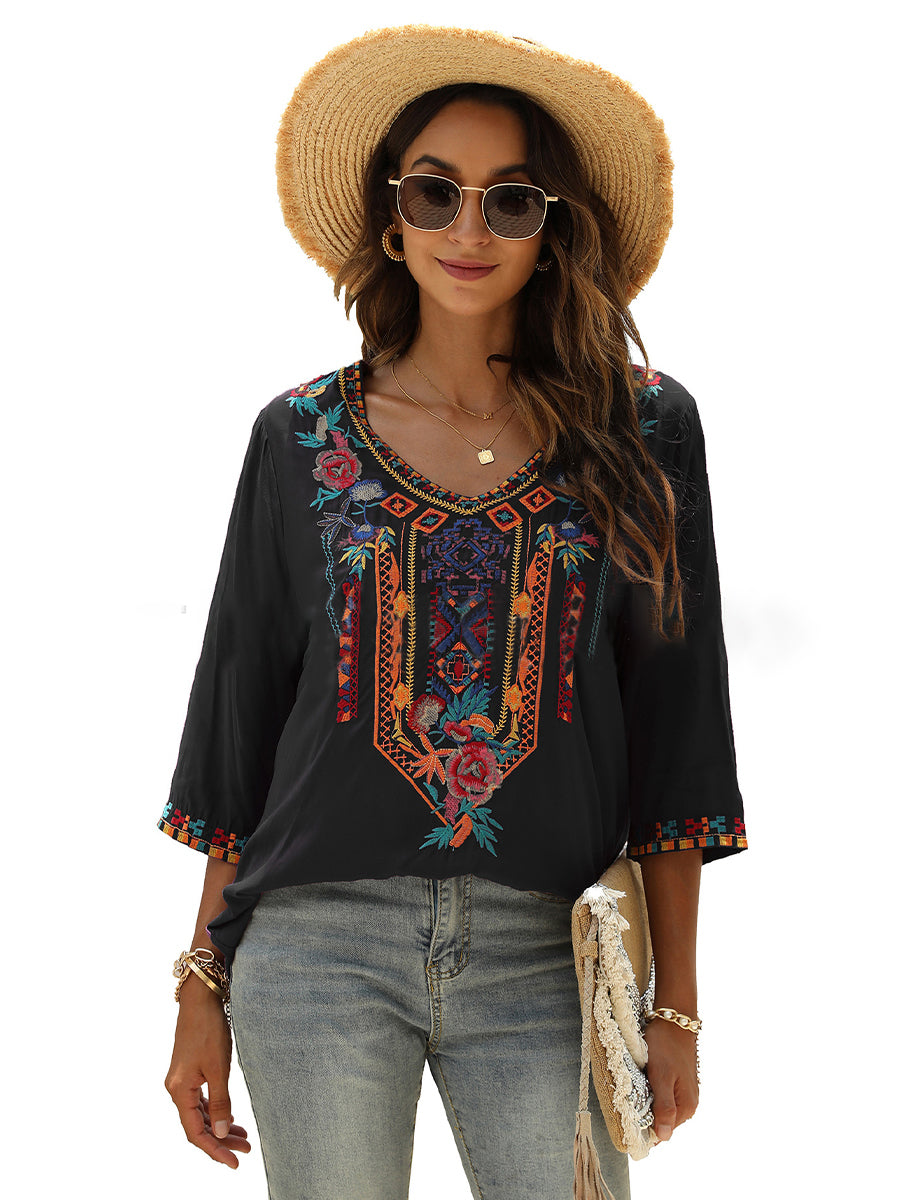 Fashion Embroidered Flowers V-neck Versatile Blouse