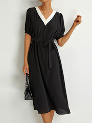 Solid Color French Temperament V-Neck Midi Dress