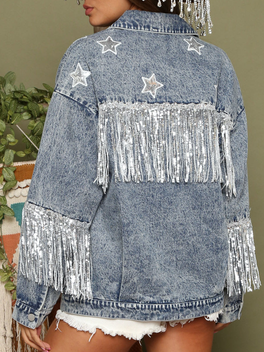 Vintage Sequin Tassel Loose Lapel Denim Coat