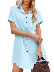 Button Solid Color Lapel Short Sleeve Blouse