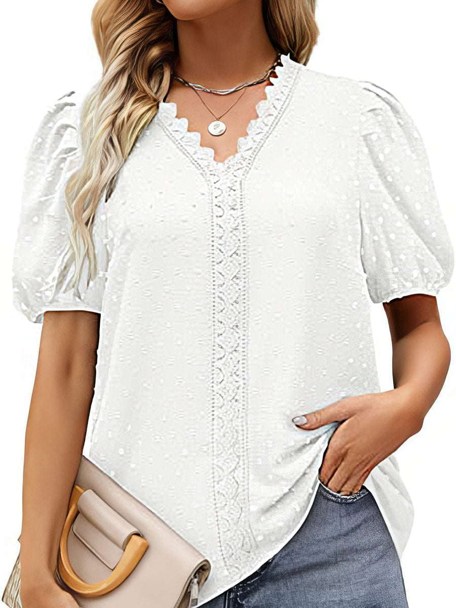 Lace Bubble Short Sleeve V Neck T-Shirt