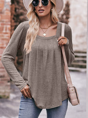 Casual Pleated Stylish Puff Sleeves Square Neck T-Shirt