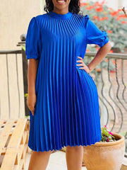 Plus Size Round Neck Loose Casual Pleated Mini Dress