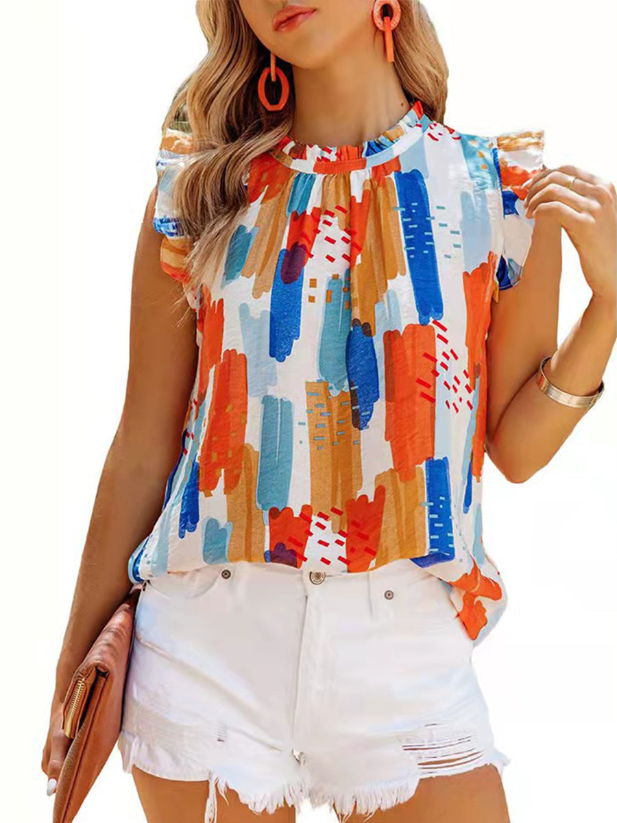 Loose Printed Chiffon Round Neck Sleeveless T-Shirt