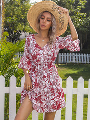 Vintage Print Bell Sleeve V Neck Mini Dress