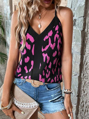 Tops V Neck Leopard Stitching Solid Color Loose Tank Top