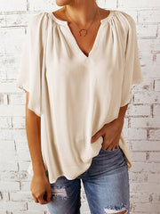 Casual V Neck Loose Chiffon Pleated Flowy Tunic Blouse