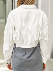 Stylish Lapel Fringed Cropped Denim Coat