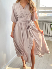 Solid Color V-Neck Lantern Midi Dress