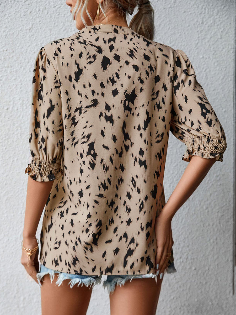 Print Loose Ruffle Sleeve Round Neck Blouse