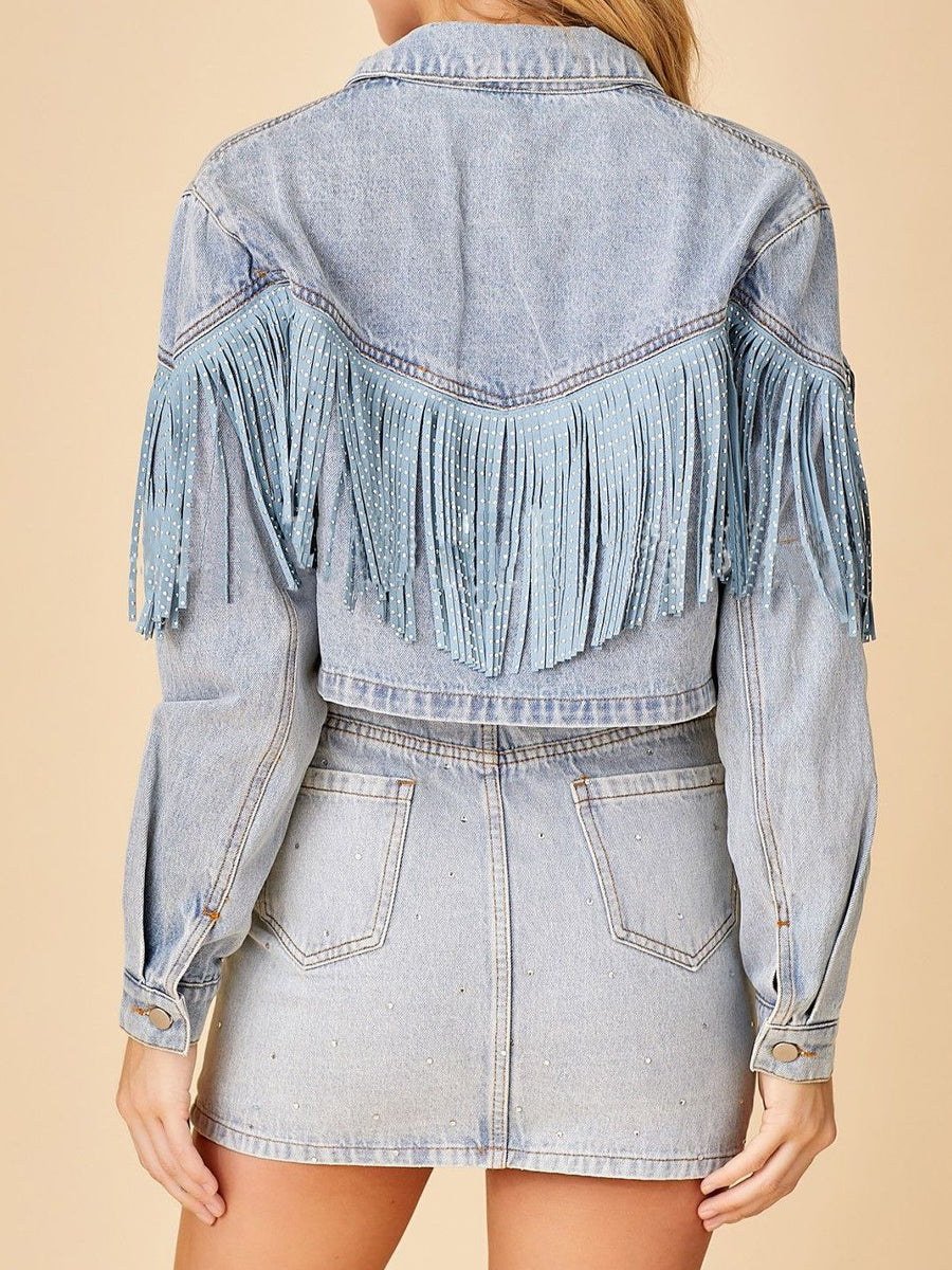 Stylish Lapel Fringed Cropped Denim Coat