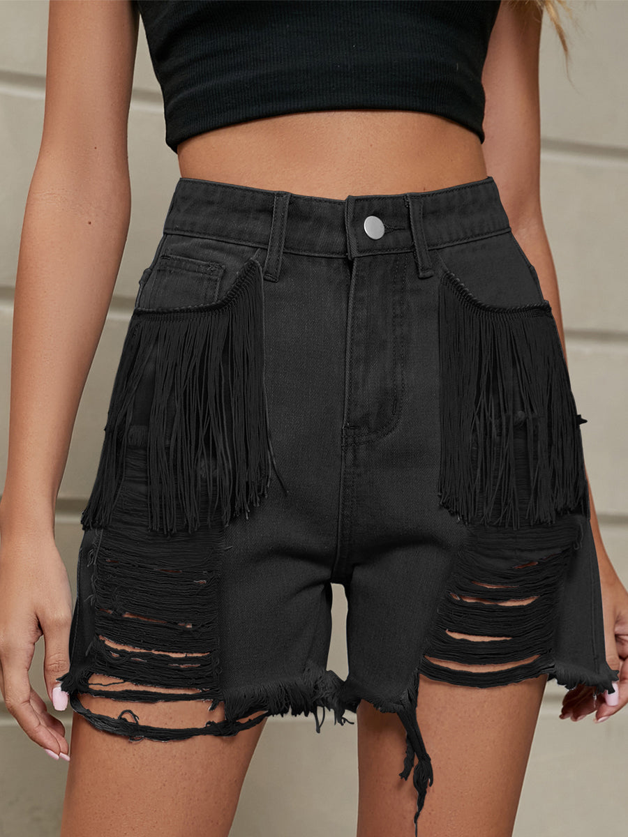 Fringe Trim Distressed Denim Pockets Shorts