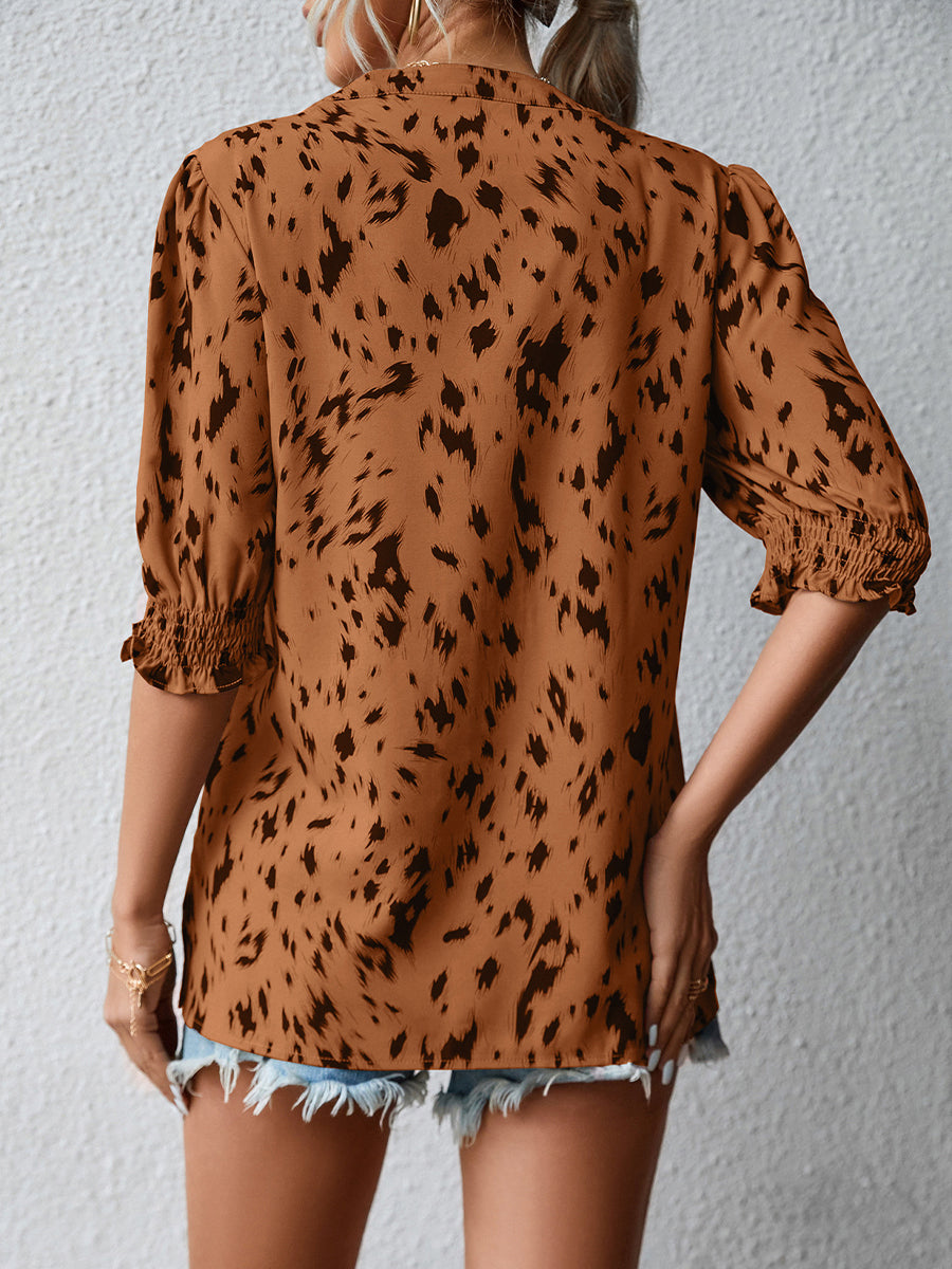 Print Loose Ruffle Sleeve Round Neck Blouse