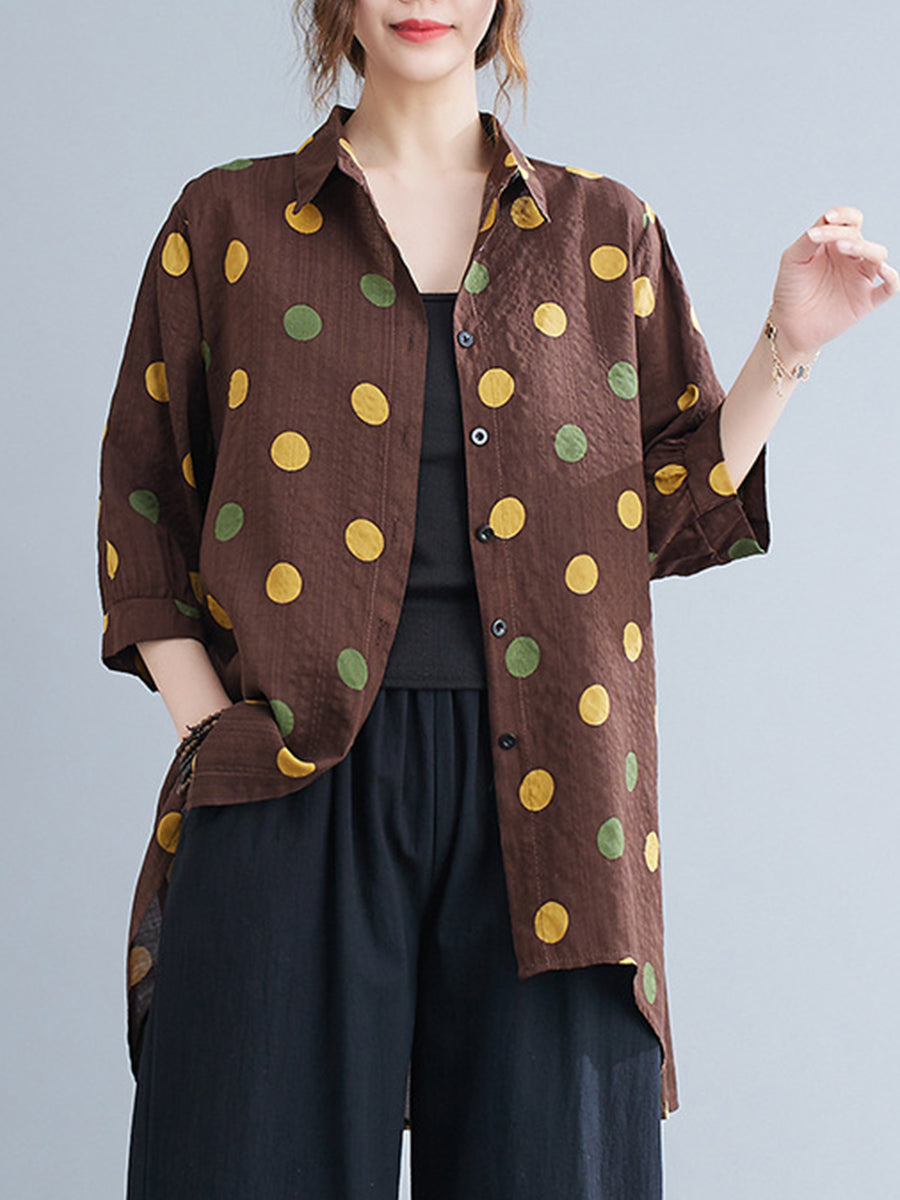 Loose Polka Dot Printed Retro Irregular Long Sleeve Blouse