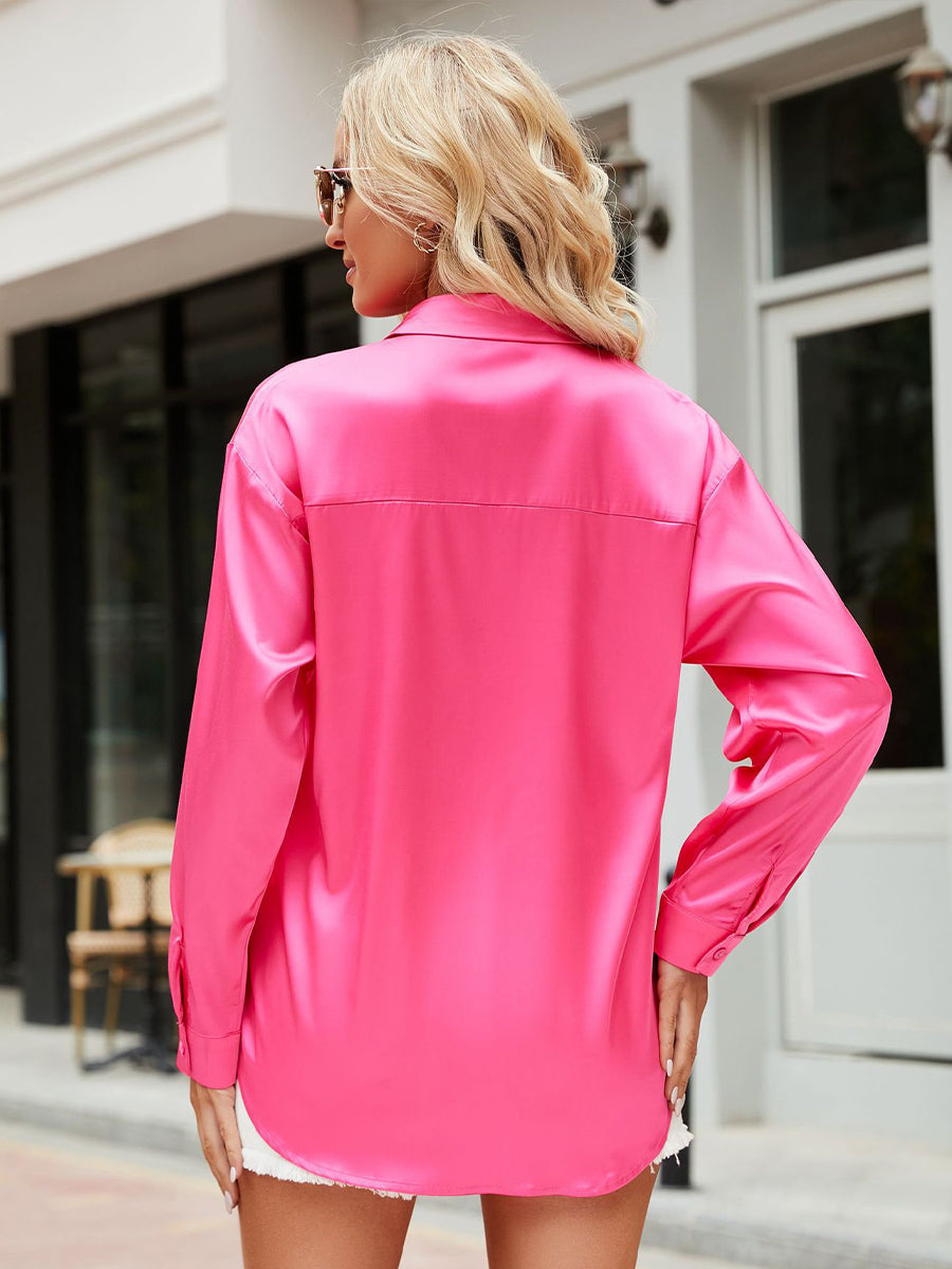 Satin Commute Solid Color V Neck Long Sleeved Blouse