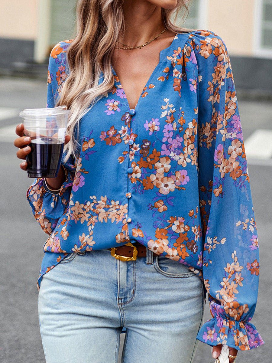 Commuting Elegant Printed Button V Neck Long Sleeved Blouse